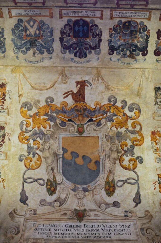 details of the coats of arms on the ceiling of the inner courtyard of the University of Padua